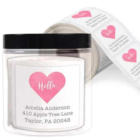 Pink Watercolor Heart Square Address Labels in a Jar